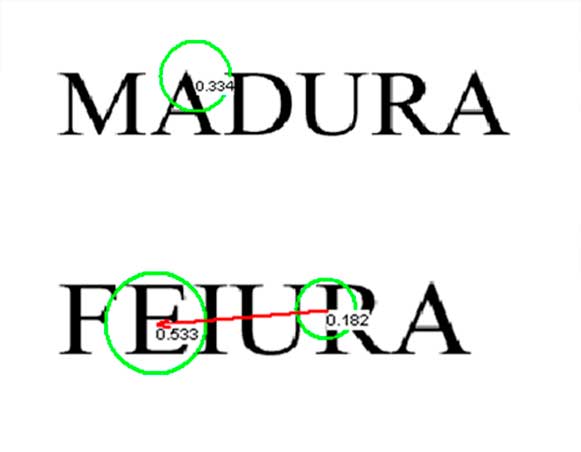 Acima, fixxações oculares em palavra sem sufixo (madura) e abaixo com sufixo (feira).